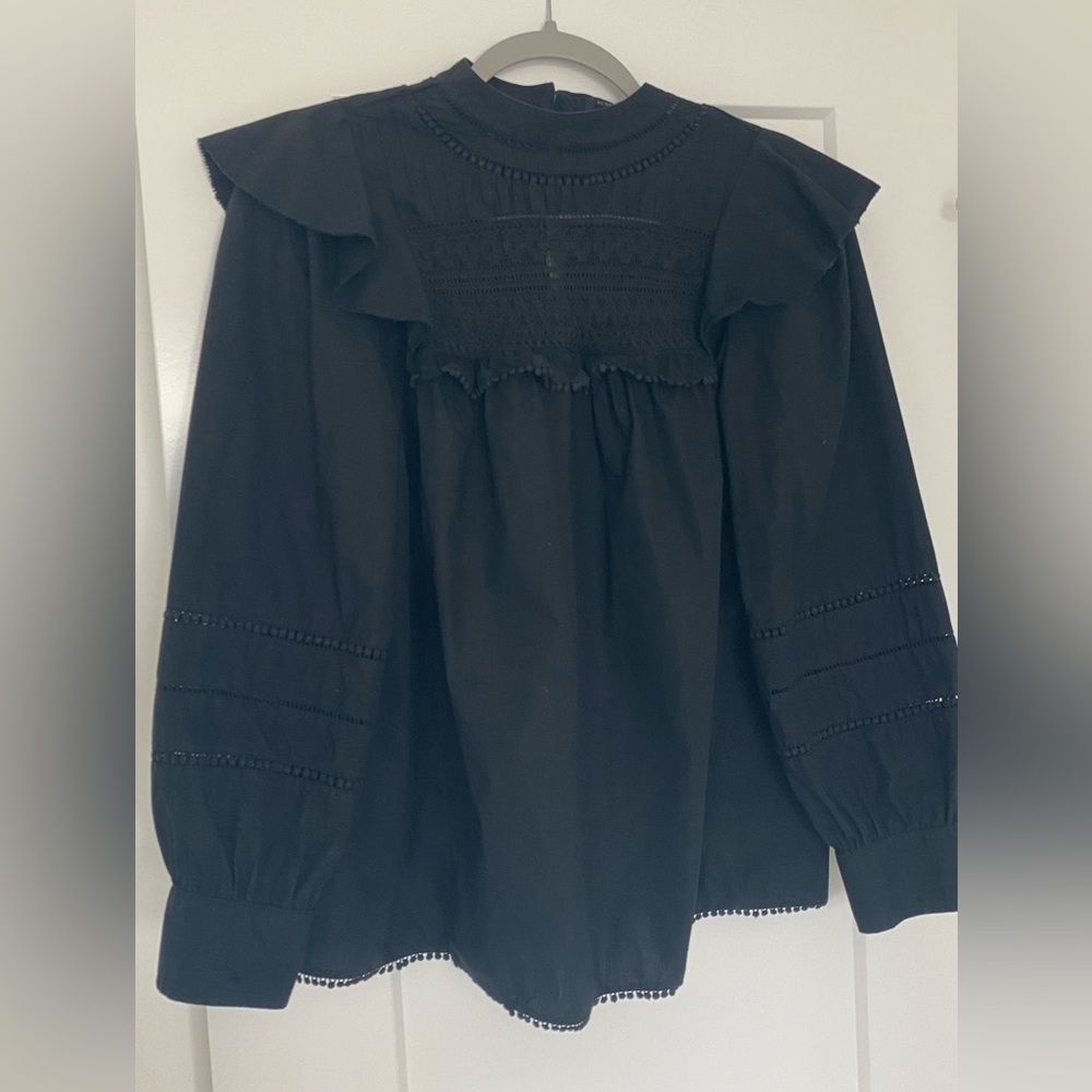 J. Crew Black Cotton Long sleeved Ruffle Top with Lace &  Pintuck Detail. Small